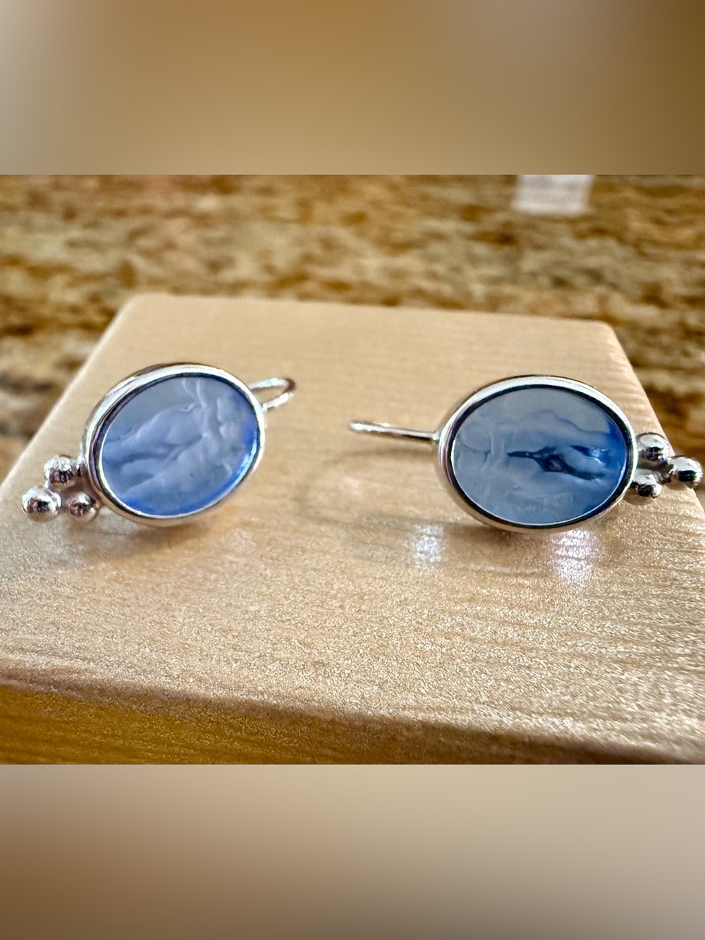 Vintage 14k White Gold Blue Glass Intaglio Earrings